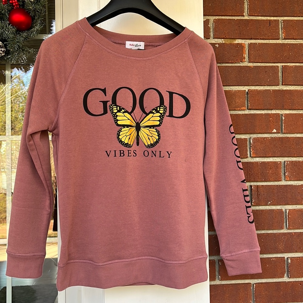 Ruby & Lace “Good Vibes Only” Butterfly Sweatshirt in Pink, Sz Med